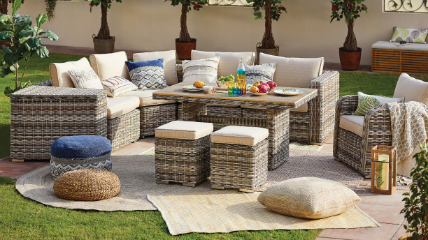 Outdoor living with a sofa and table set